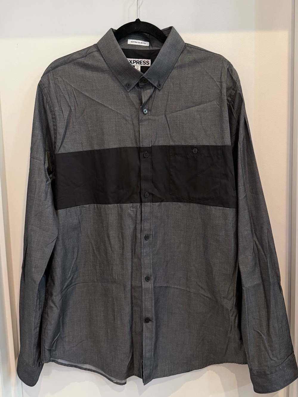 Express Men’s Gray Button-Down Shirt with Black Chest Stripe